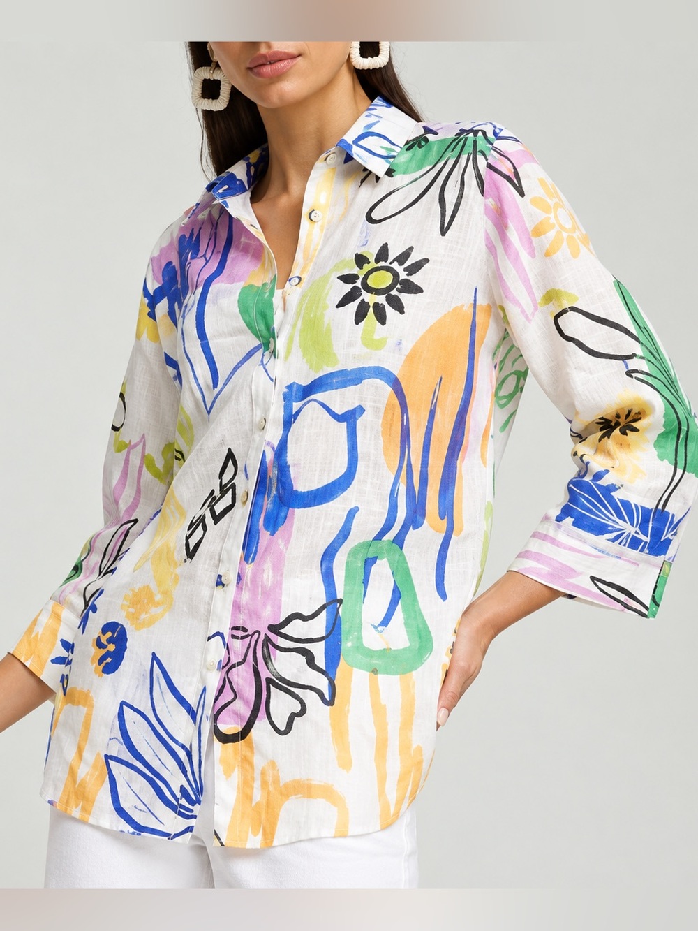Chico’s Surreal 100% Linen Button Down Shirt Artsy Abstract 14